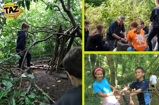 Bushcraft course while children are learning firelighting, and den building outdoors during a holiday activities day in surrey